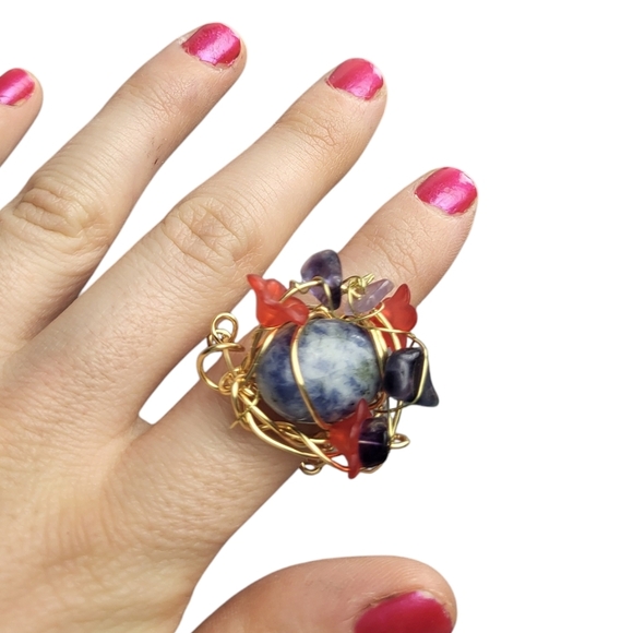 14K Gold Fluorite Chips Sodalite Tulip Frosted Acrylic Wire Wrapped Ring - Picture 1 of 3